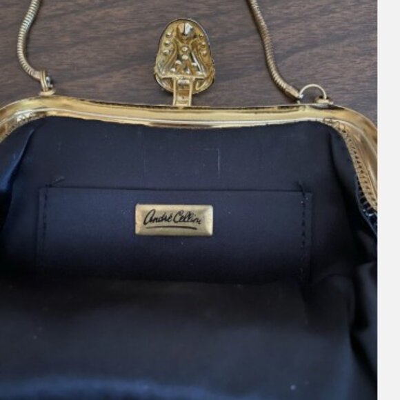 Vintage ANDRE CELLINI Black Shiny Metallic Evening Handbag Rhinestone Clasp - Picture 3 of 3
